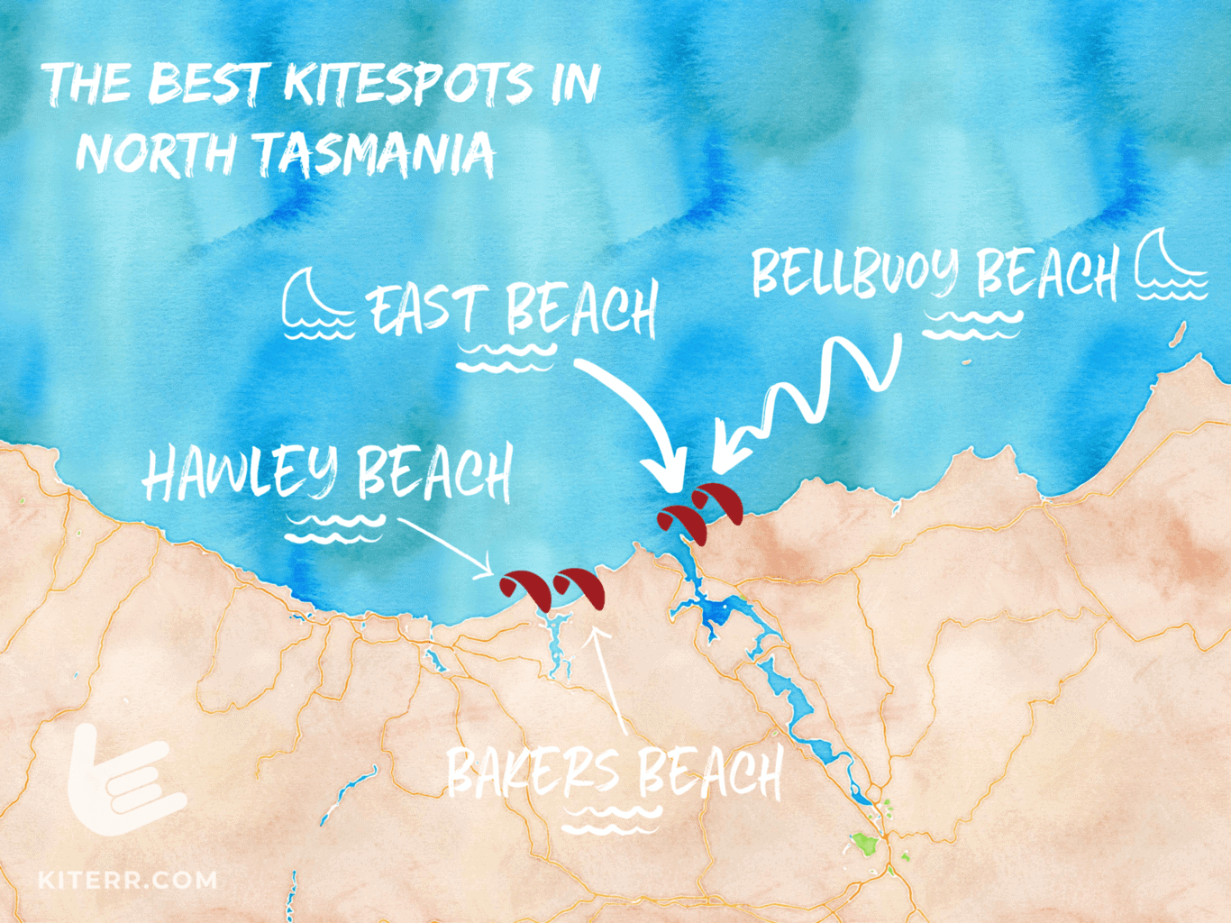 a map of kiteboarding spots in North Tasmania // Kiterrcom
