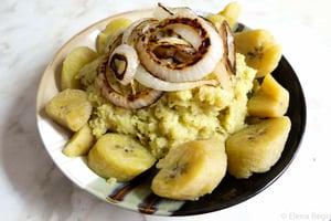 Mangu is steamed or boiled green plantain (type of banana) that is mashed with a bit of raw garlic and it’s own water. Served as a mash with eggs and ham for breakfast. Get in! - photo & recipe by Elena Rego - Kitesurfing in Cabarete, Dominican Republic | Kiterr.com