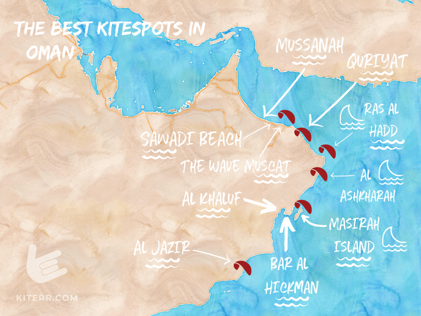 A map of the best kiteboarding spots in Oman // Kiterr.com